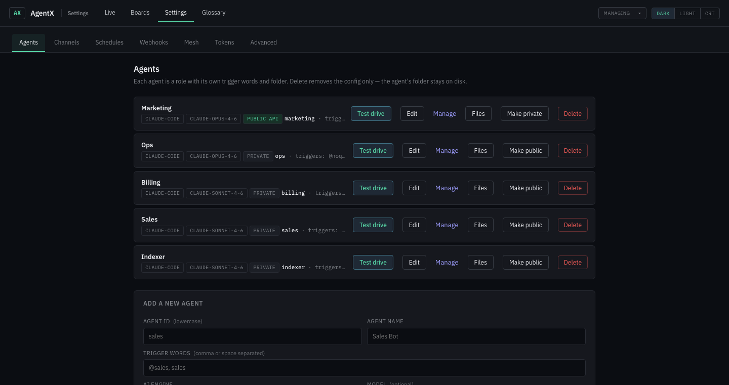 Settings → Agents — existing agents + "Add a new agent" form
