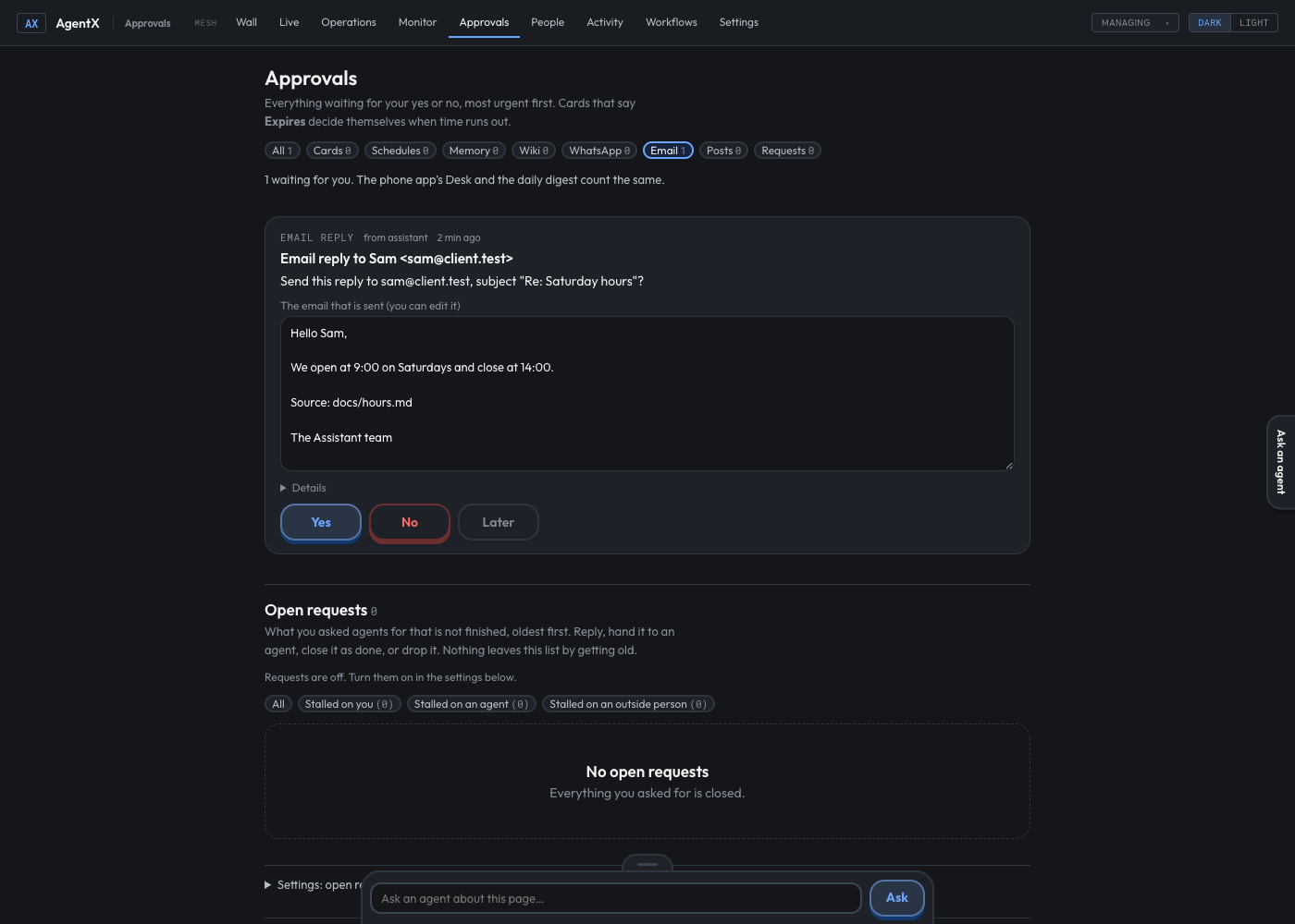 Approvals, Email filter: an email reply to Sam with the reply text in an editable box, and Yes, No and Later