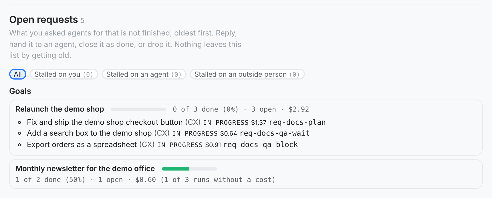 The Goals list above the open request cards: one goal opened, showing its requests with their state and cost