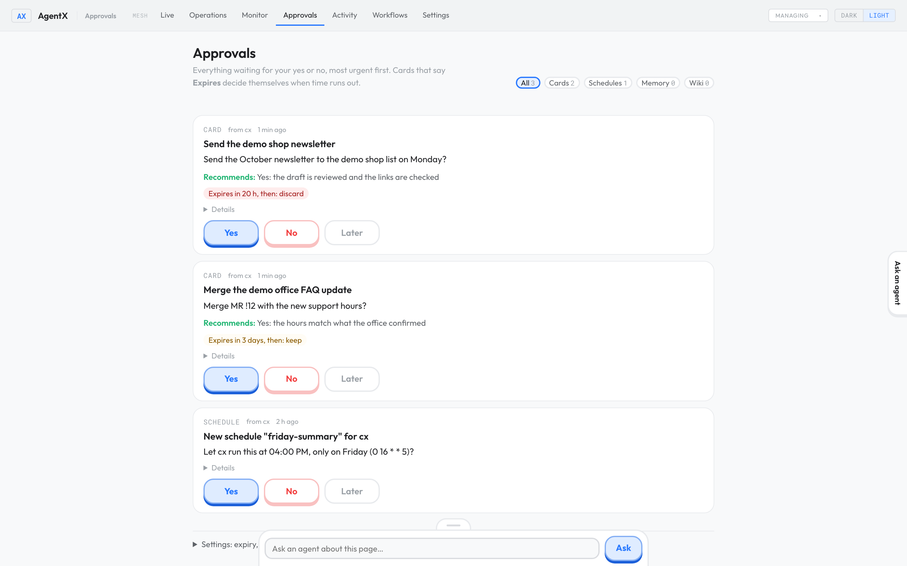 The Approvals tab with two decision cards and a schedule request