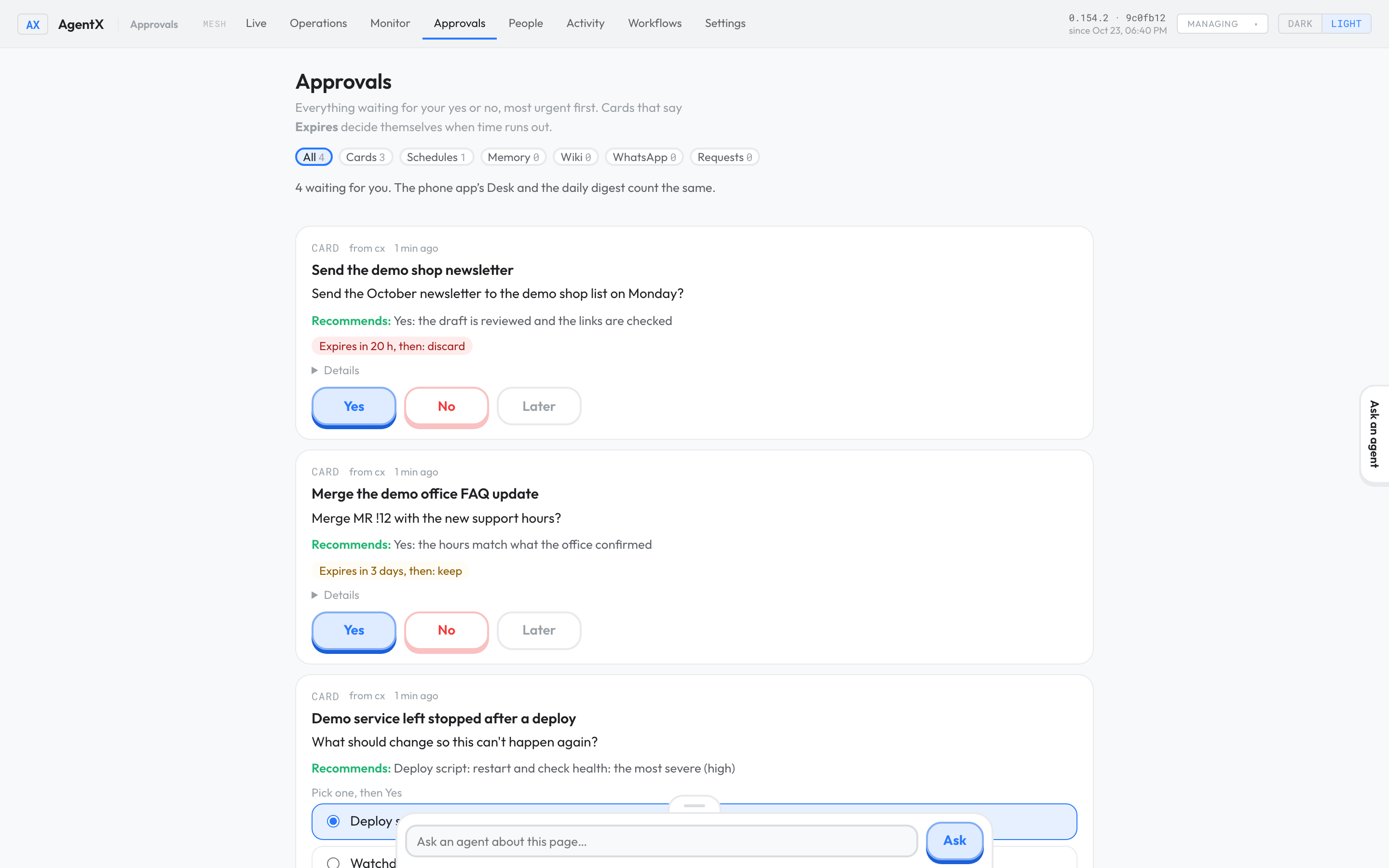 The Approvals page on the demo: "4 waiting for you", the same number as the Desk and the digest