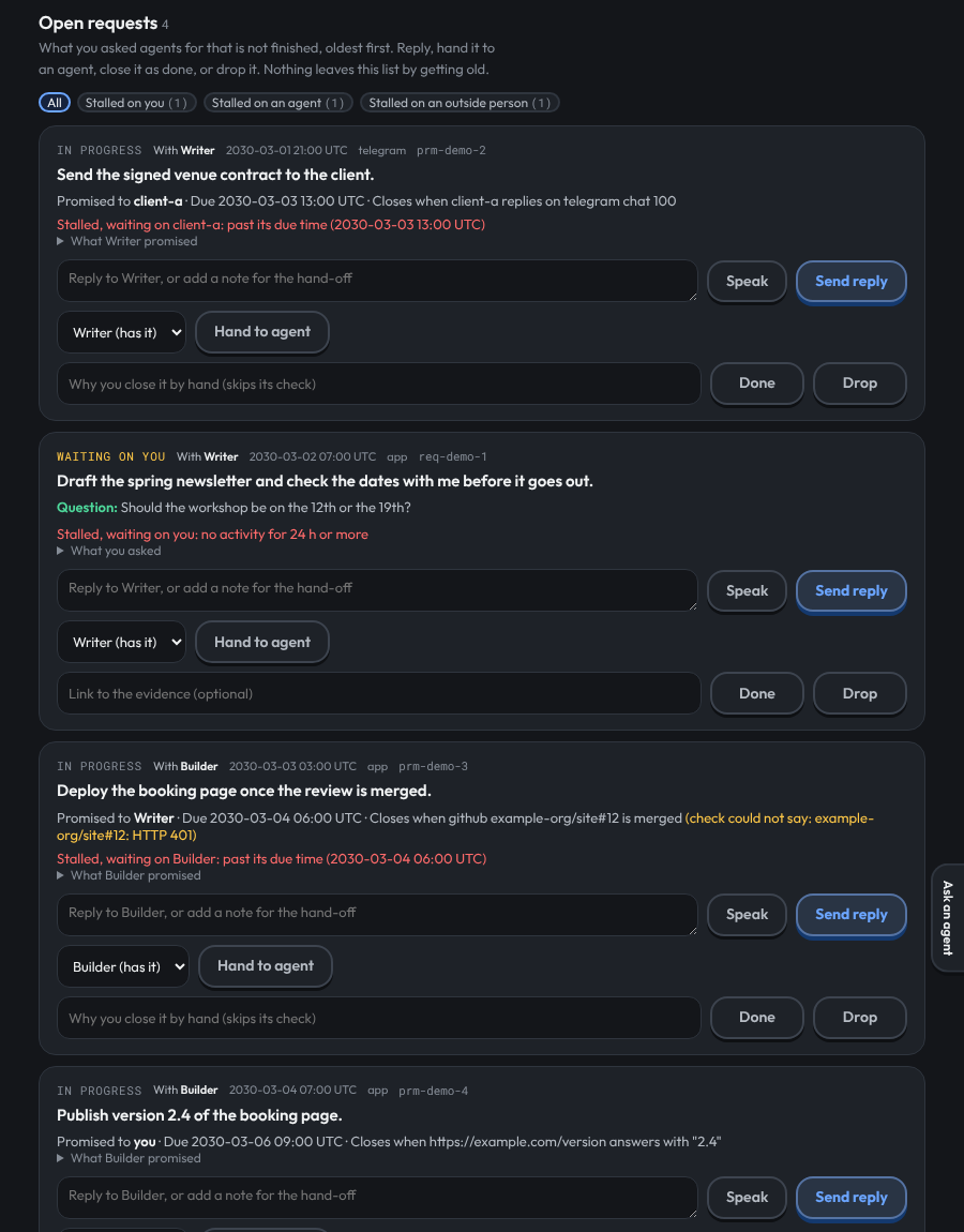 Open requests with promises, due times, checks and stalled lines