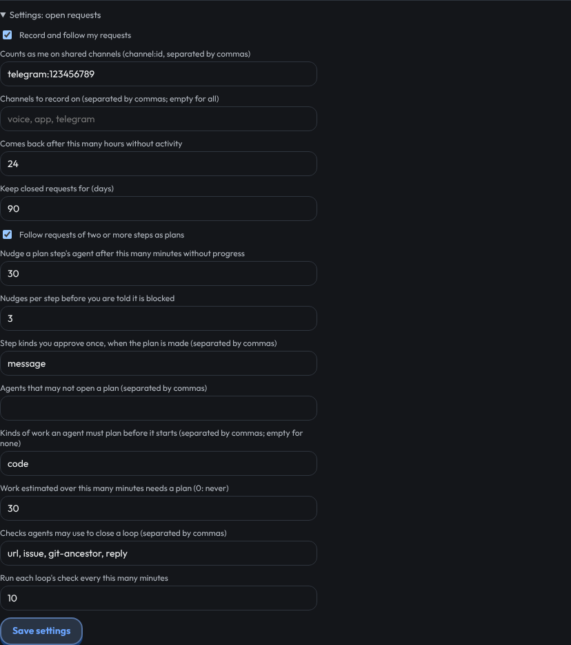The open requests settings on the Approvals page. Below the plan settings are two new fields: the kinds of work an agent must plan before it starts, set to code, and the minutes of work that need a plan, set to 30.