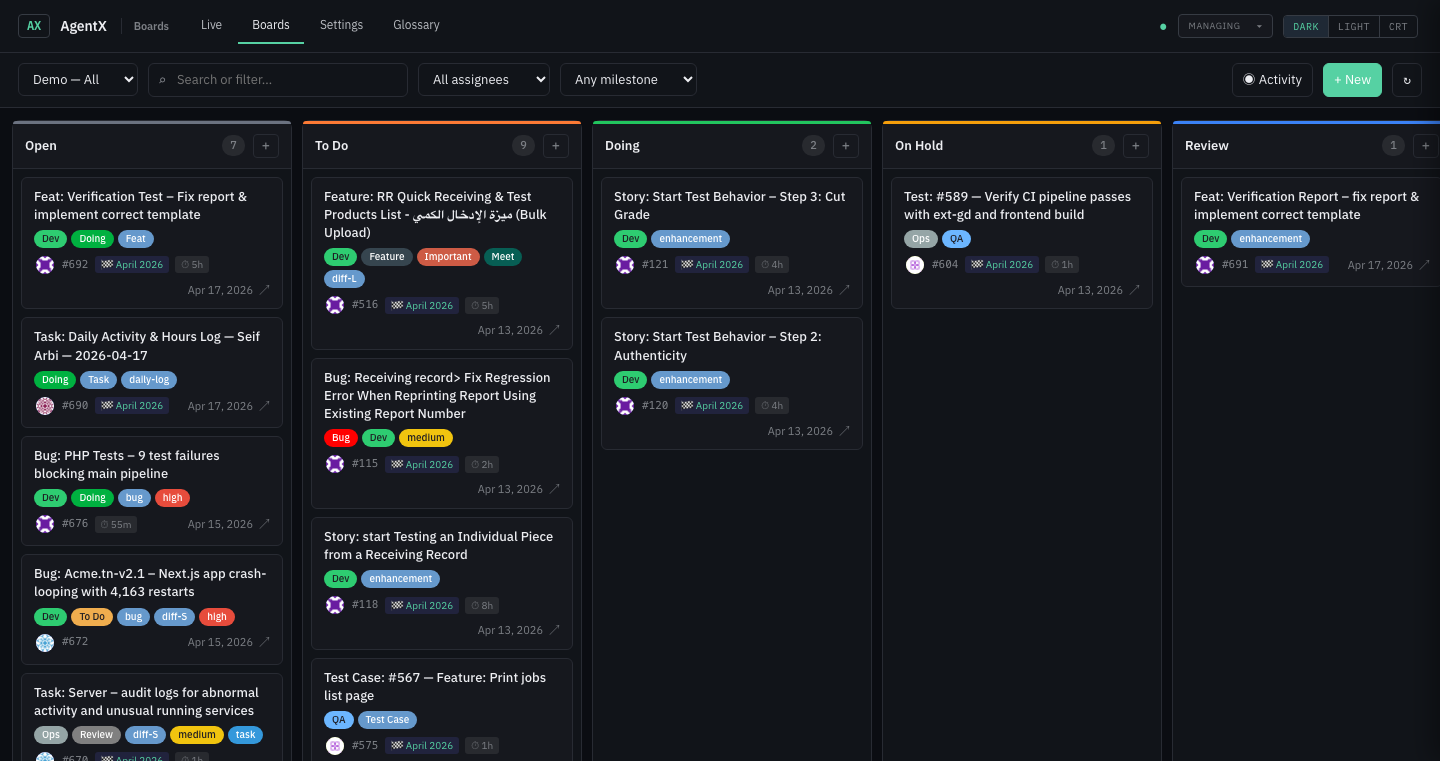 Boards view — Kanban columns Open / To Do / Doing / On Hold / Review