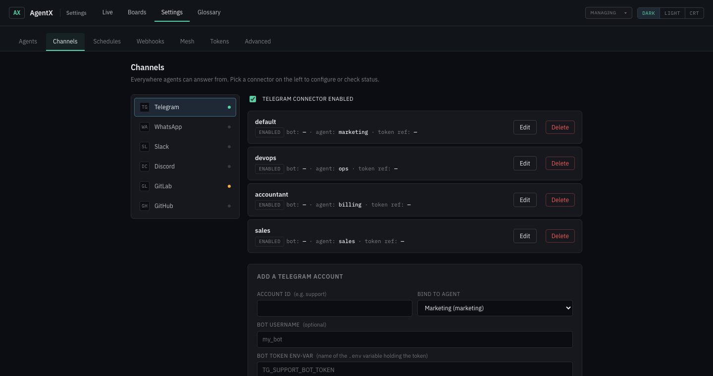Settings → Channels — Telegram panel with existing accounts + "Add a Telegram account" form