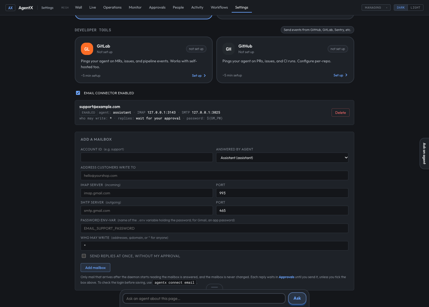 Settings, Channels tab, Email: one mailbox answered by the assistant, who may write, replies waiting for approval, and the Add a mailbox form