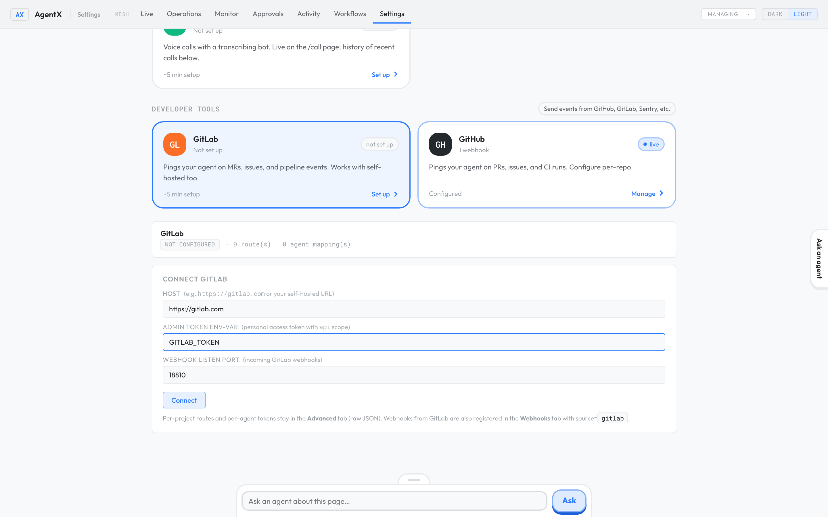 Settings › Channels › GitLab, with Host, Admin token env-var set to GITLAB_TOKEN, and Webhook listen port