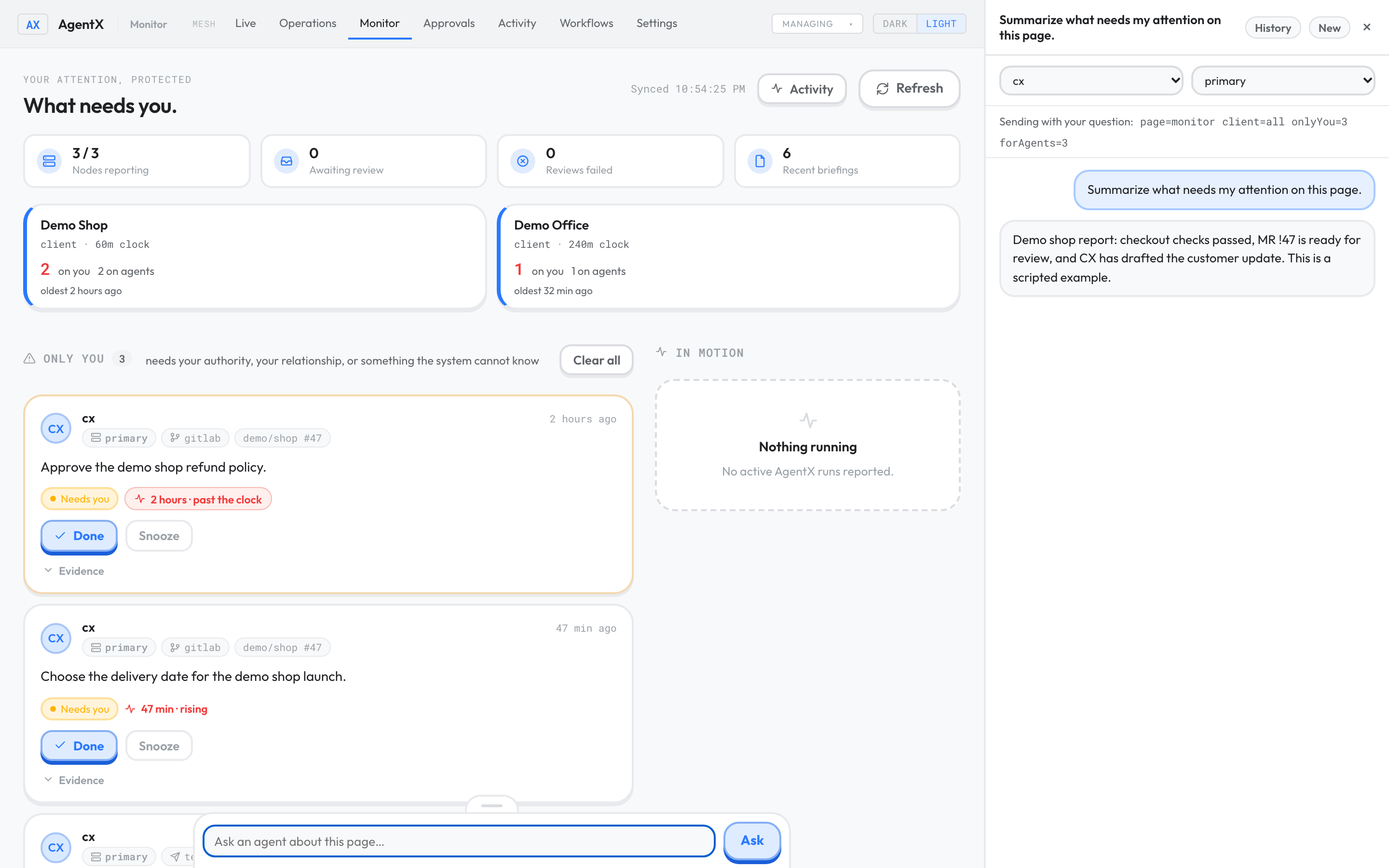 The open Ask an agent panel on the Monitor page, with the Agent and Node lists, a question and the agent's reply