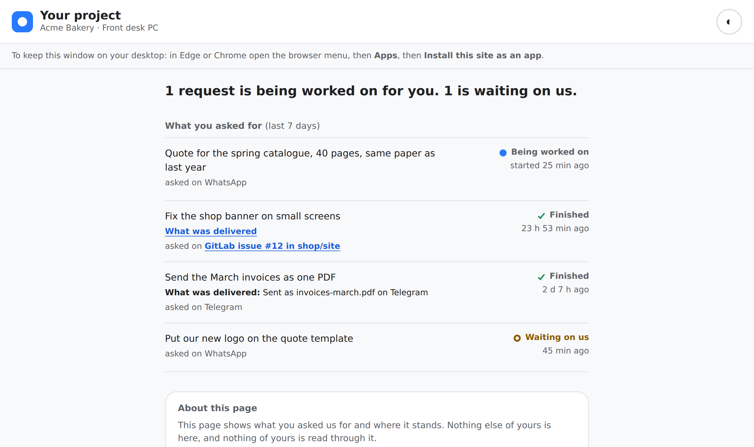 The Your project page: the summary sentence, then the requests the client made with their state