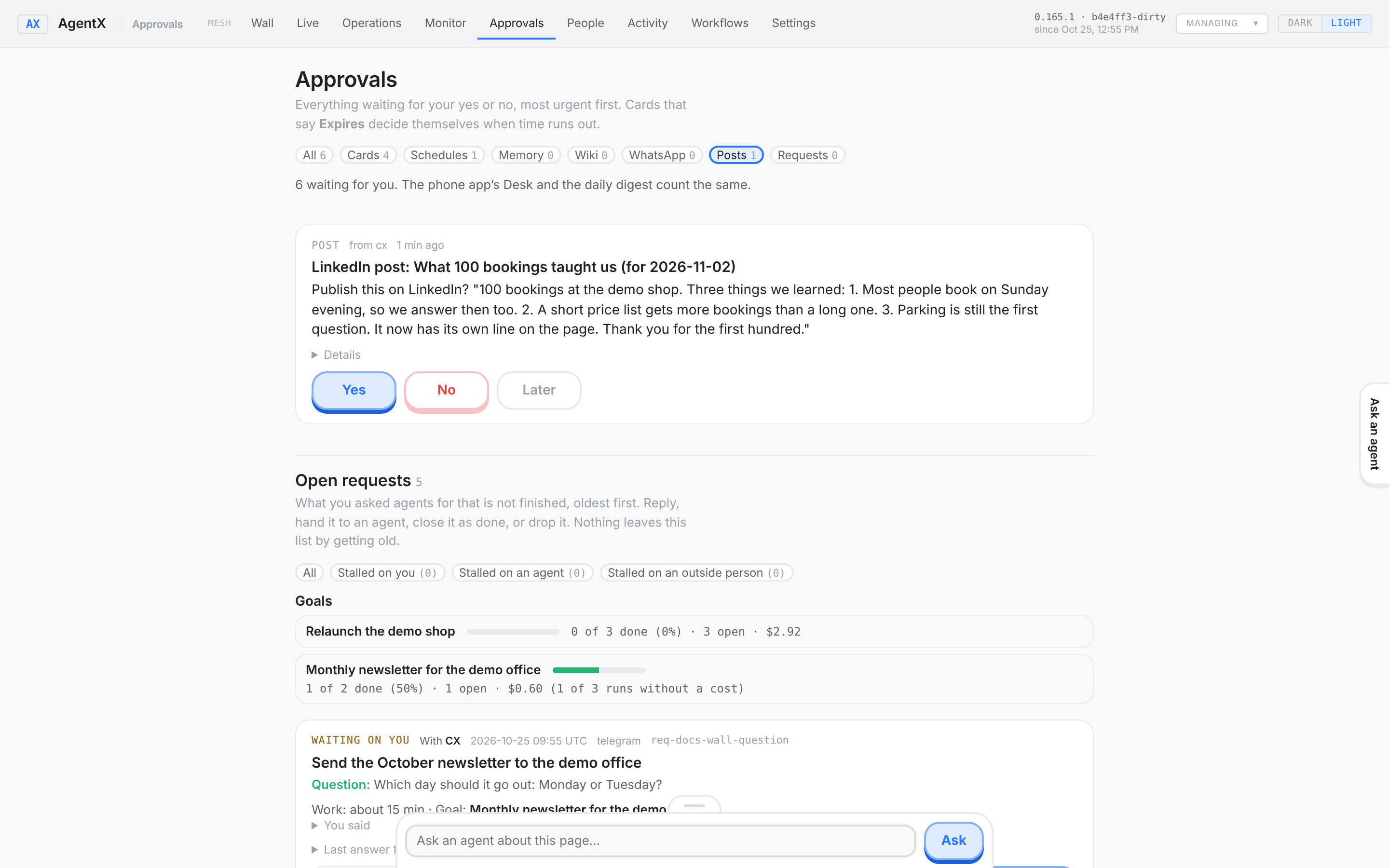 The Approvals page with a LinkedIn post waiting, showing the whole post and the past posts it followed