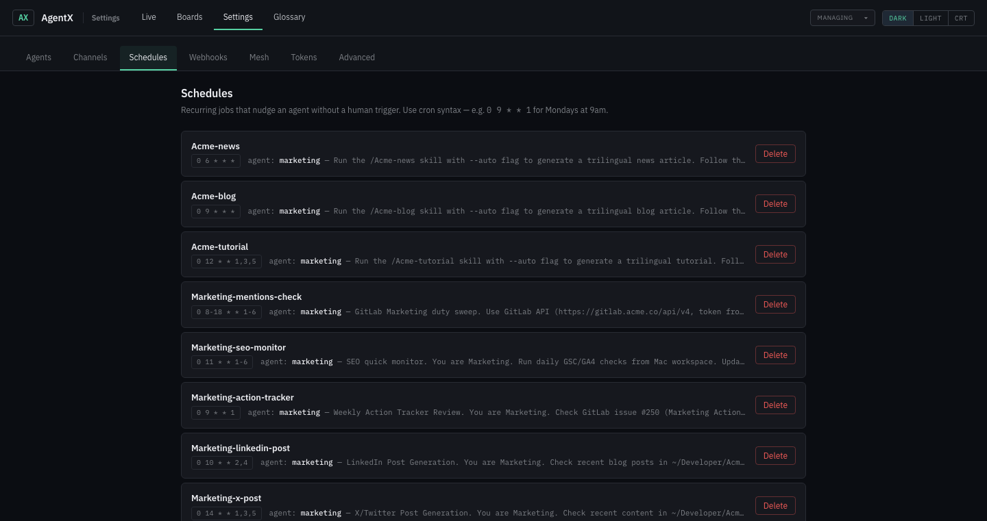 Settings → Schedules — existing cron jobs, "Add a schedule" form
