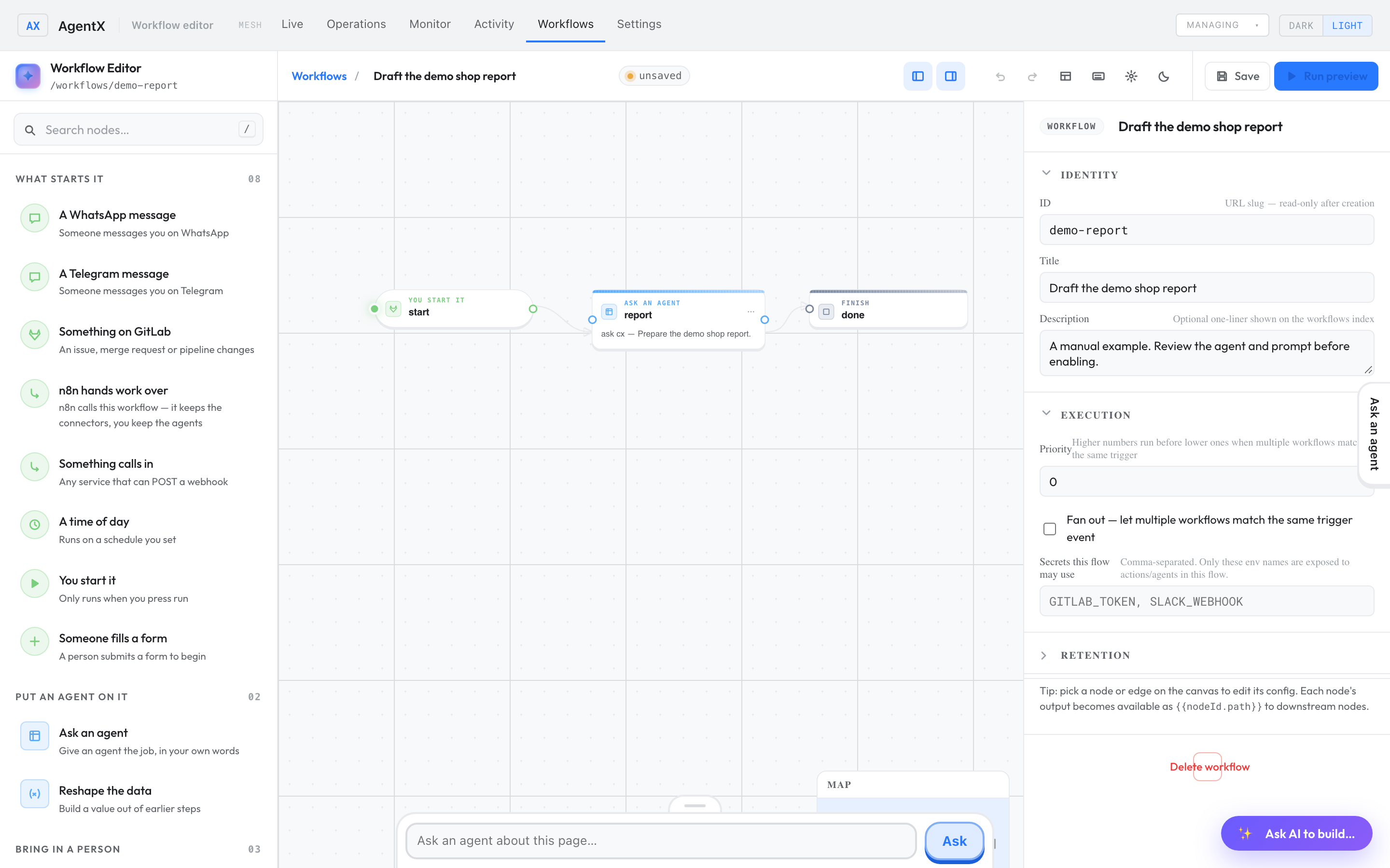 The workflow editor with the Ask AI to build… button
