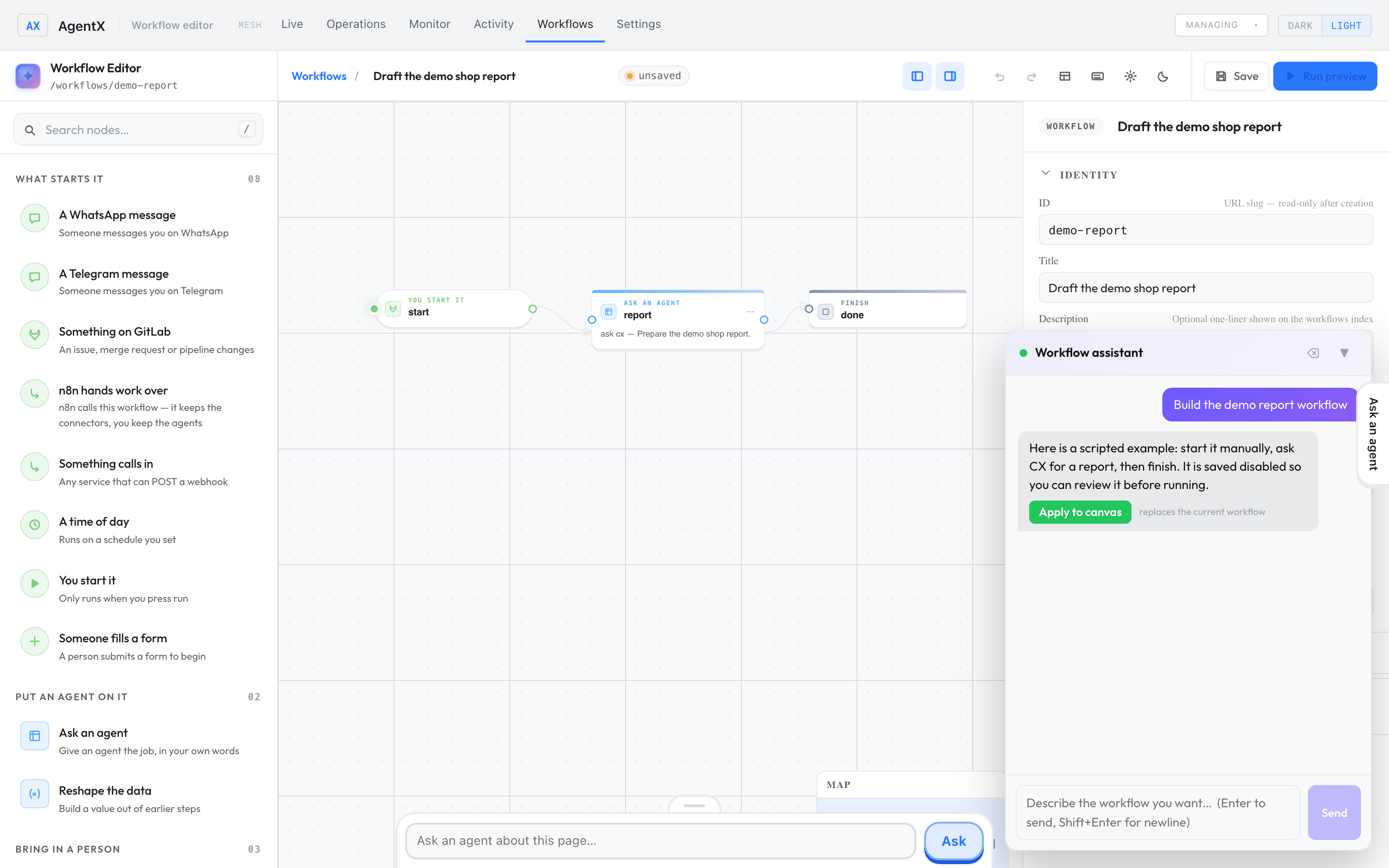 Workflow editor with the demo request and assistant proposal visible.