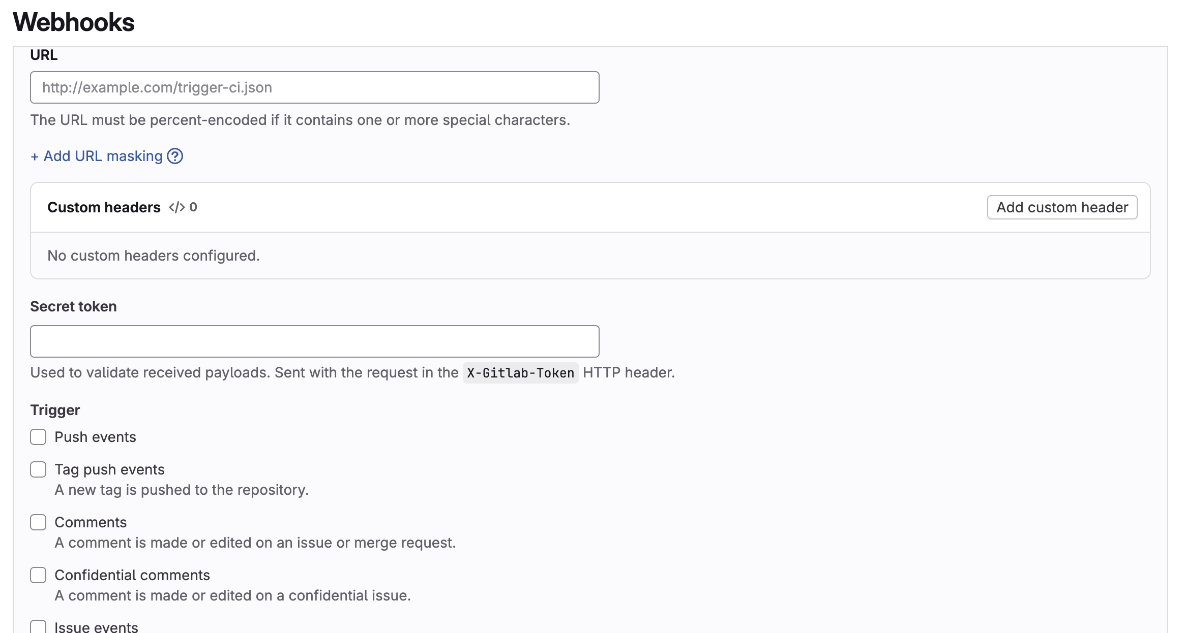 The Webhooks form in a GitLab project: URL, Secret token and the Trigger checkboxes