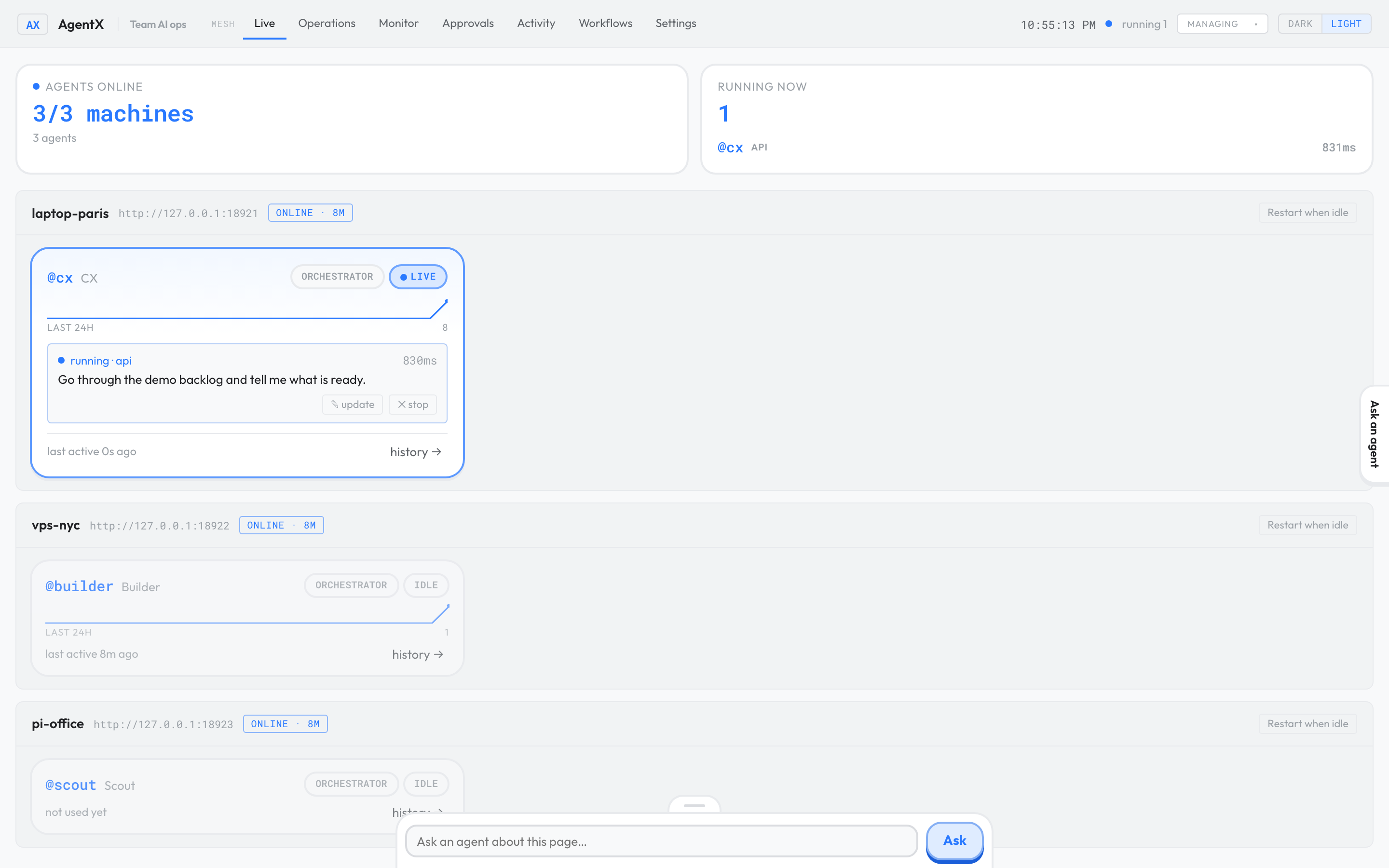 A Live agent card with a running task and its ✎ update and ✕ stop buttons