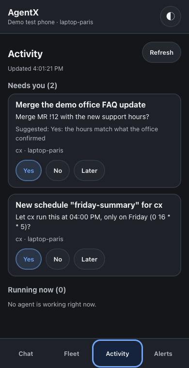 Decisions waiting on the Activity tab, dark theme