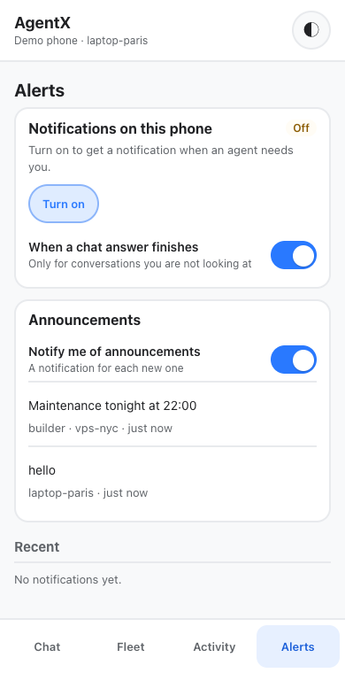 The Announcements card in the Alerts tab, with the notify switch and two announcements