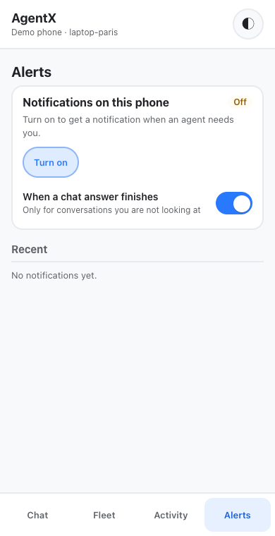 The Alerts tab with the "When a chat answer finishes" switch turned on