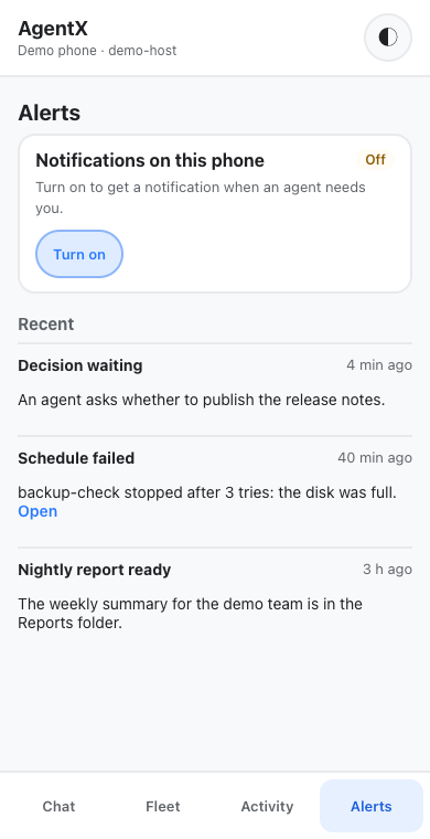 The Alerts tab before notifications are turned on, with recent notifications listed