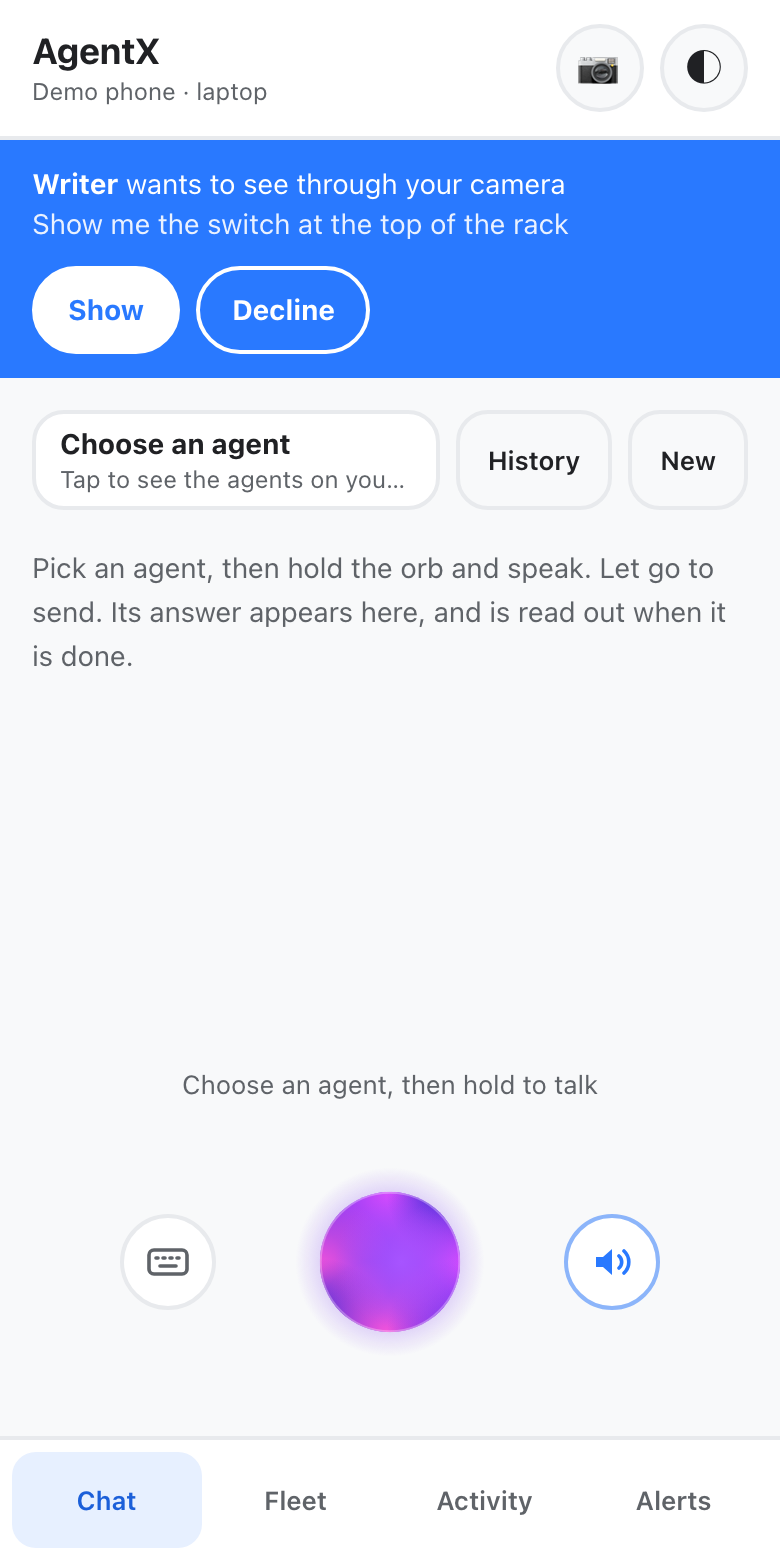 The phone app with a bar saying an agent wants to see through the camera, with Show and Decline
