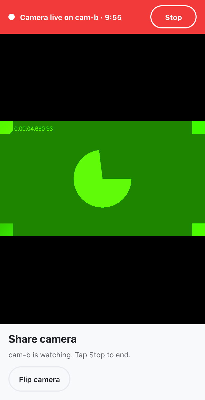 The phone while its camera is live, with the red bar and the Stop button
