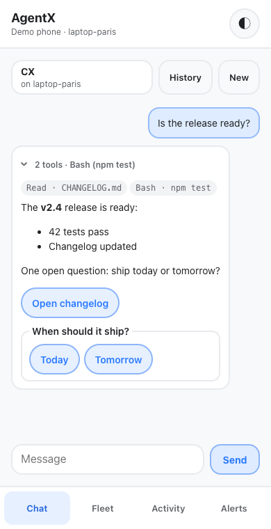 An answer with the tools the agent used, a link button and a poll