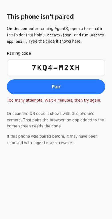 The "Too many attempts" message on the pairing page