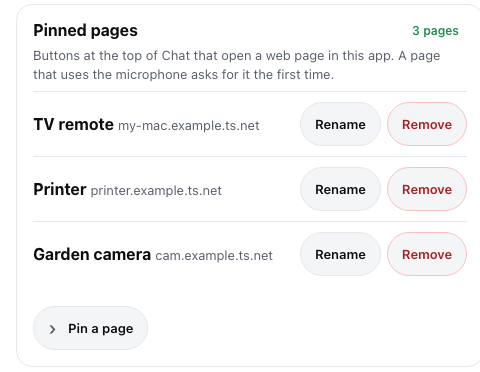 The Pinned pages card in Alerts, with Rename and Remove next to each page and Pin a page below