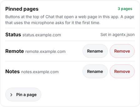 The Pinned pages card: Status is set in agentx.json, Remote and Notes have Rename and Remove