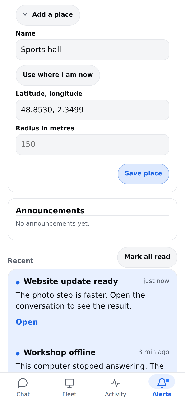 The Add a place form with a name and coordinates filled in