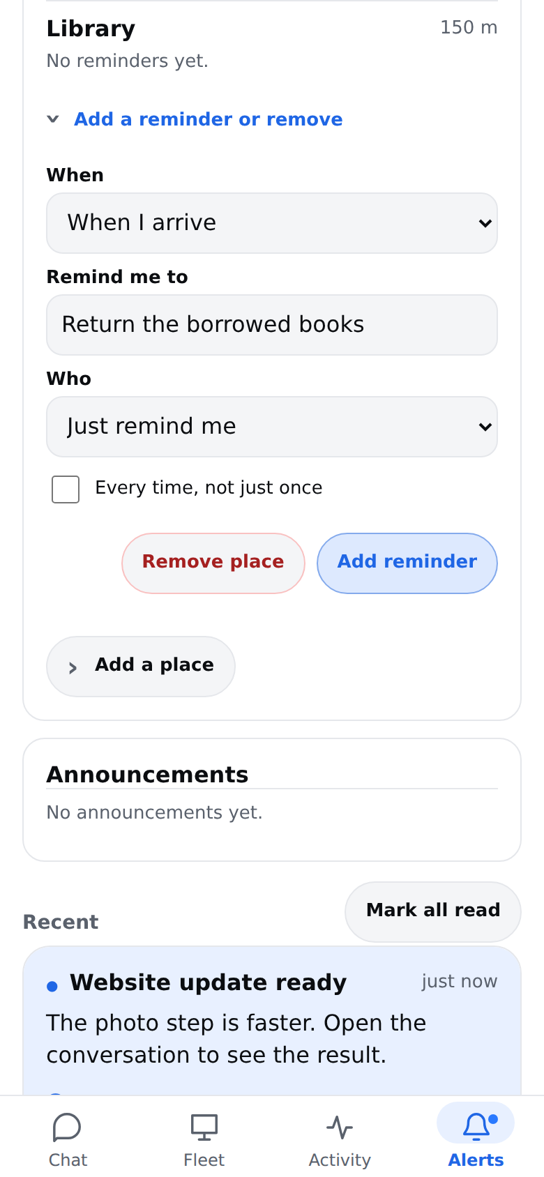 The reminder form under a place: when, the reminder text, who, and every time