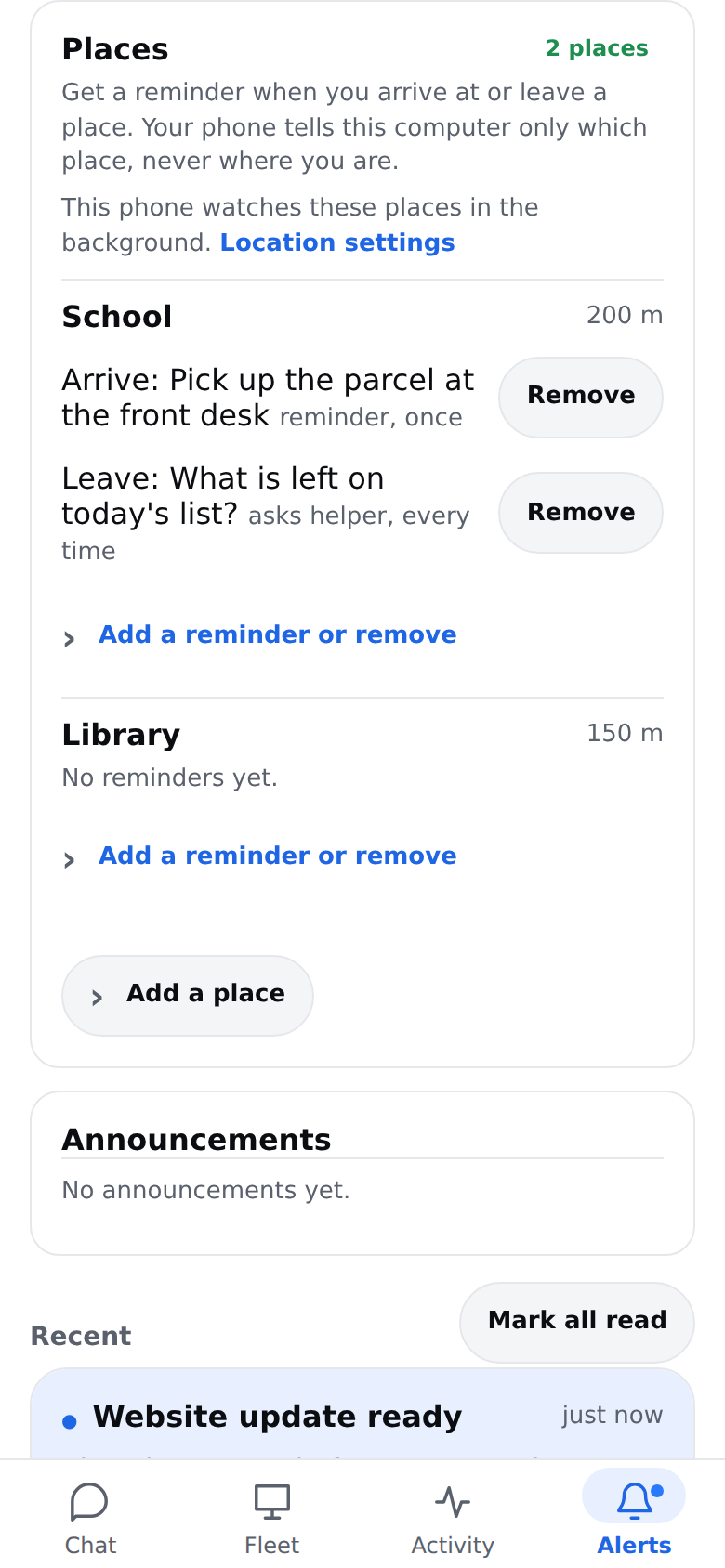 The Places card in the Alerts tab, with two places and their reminders