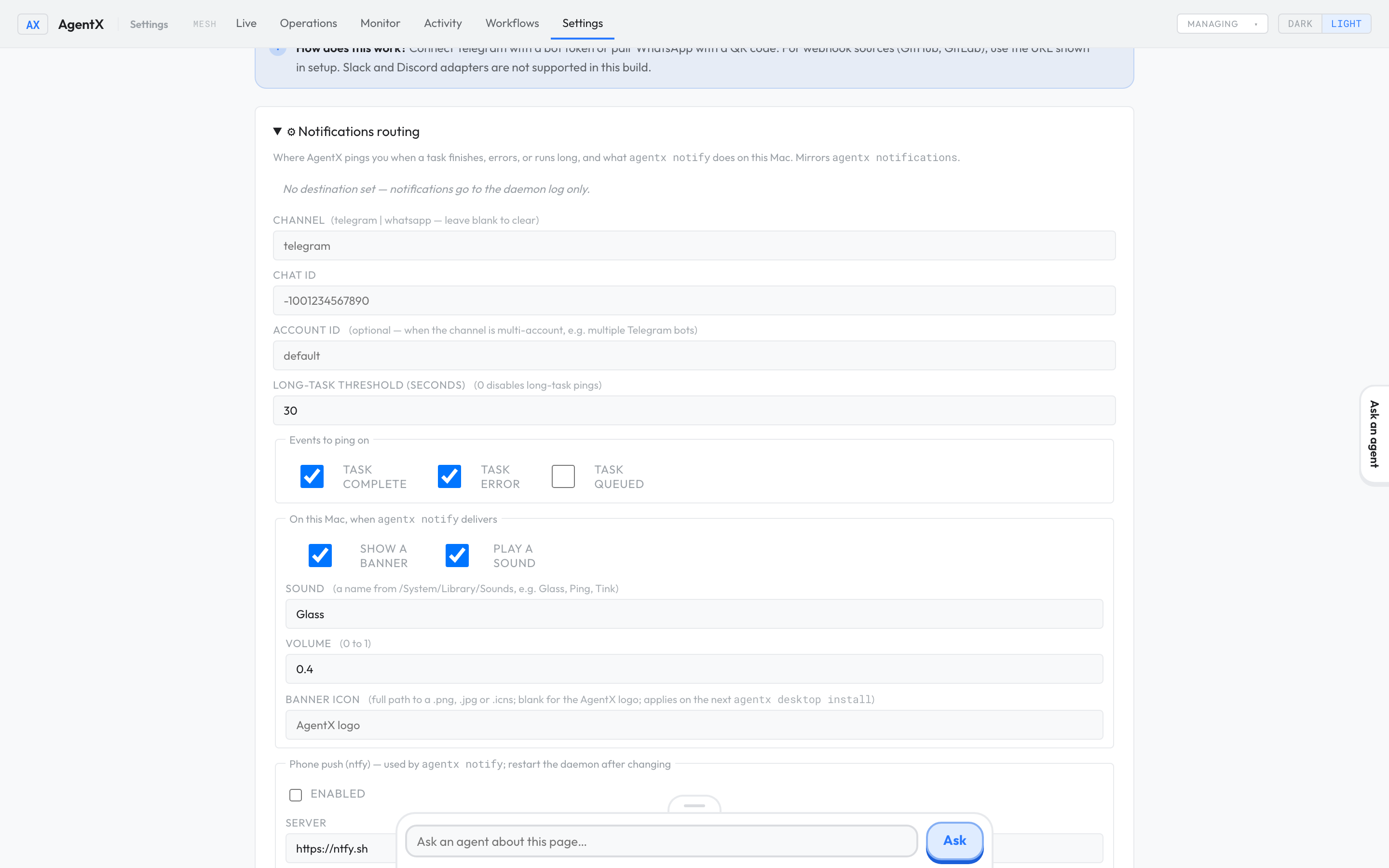The Notifications routing section in the dashboard
