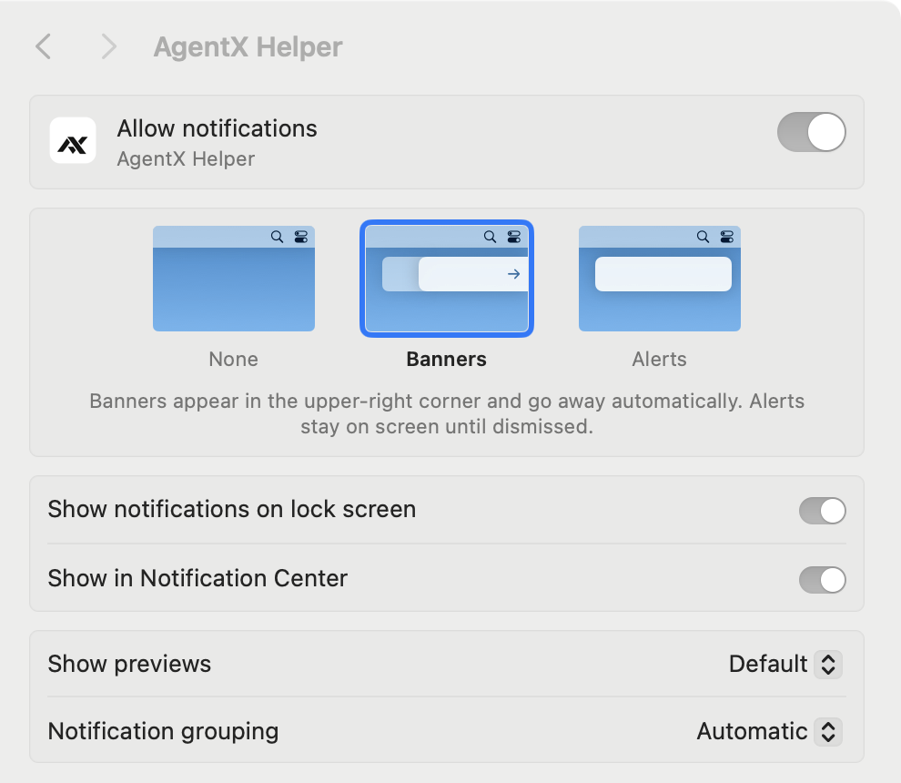 System Settings, Notifications, AgentX Helper: Allow notifications on, Banners selected