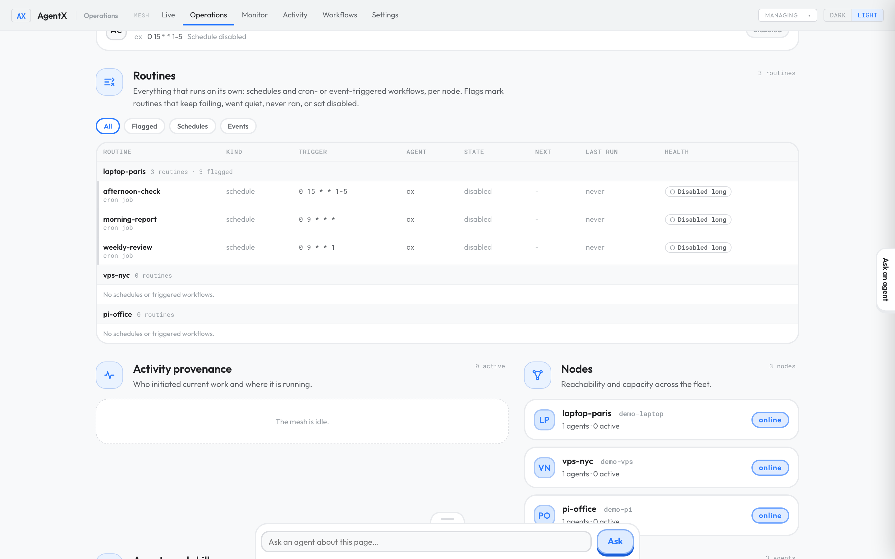 The Routines section of the Operations tab