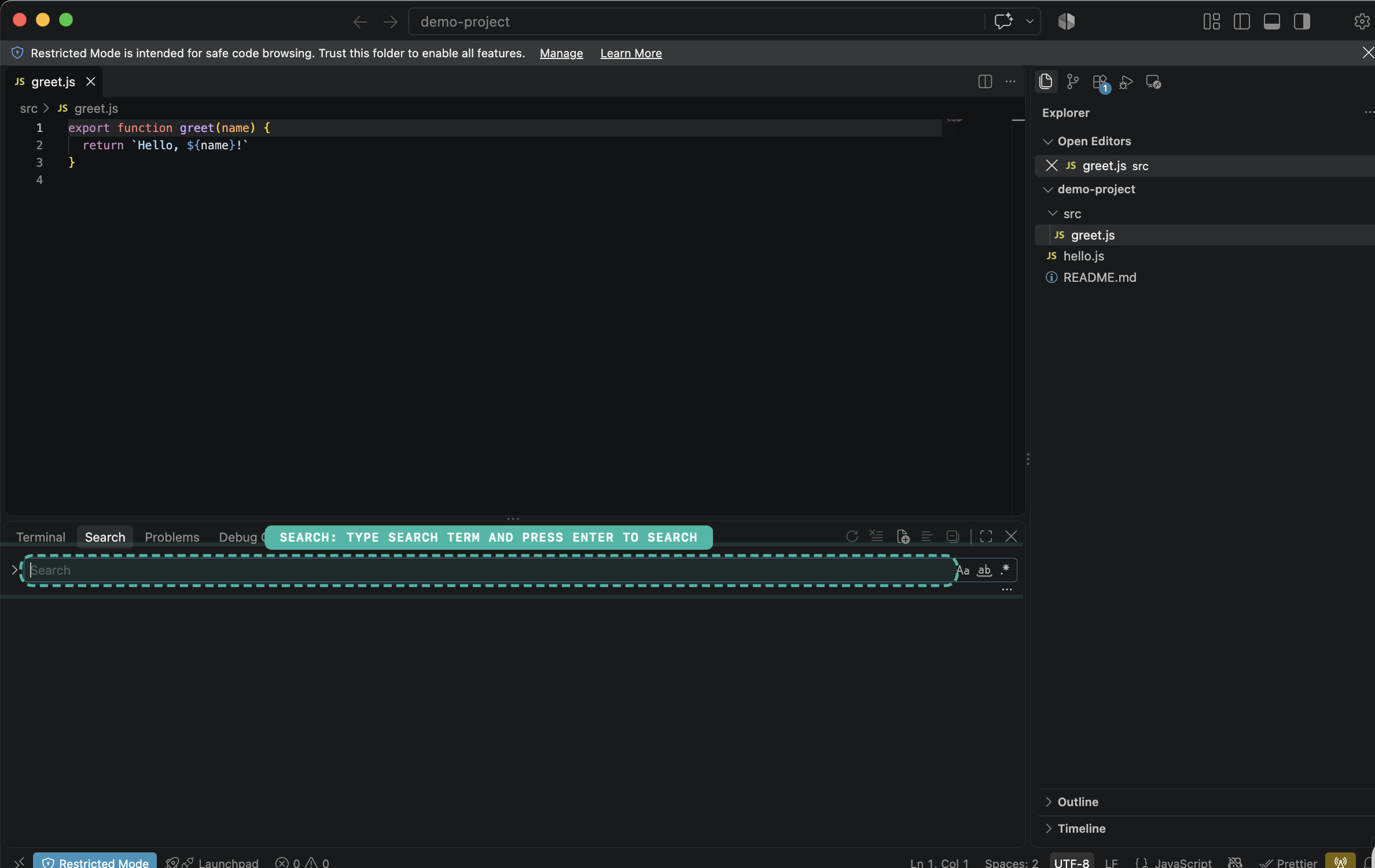 VS Code with the search field outlined by a dashed highlight and the label "Search: Type Search Term and press Enter to search", after running agentx point "the search field"