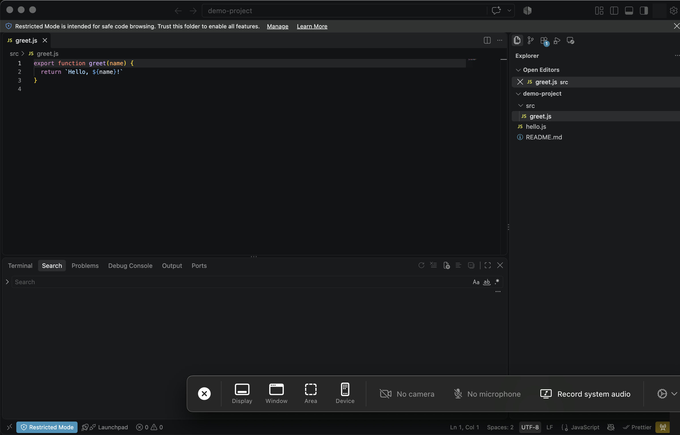 The Screen Studio recording picker, with Display, Window, Area and Device choices, open over a demo project in VS Code