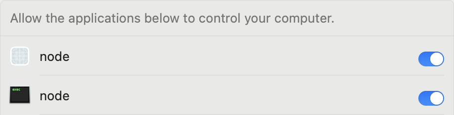 Privacy & Security › Accessibility with access turned on for AgentX, which macOS lists as node