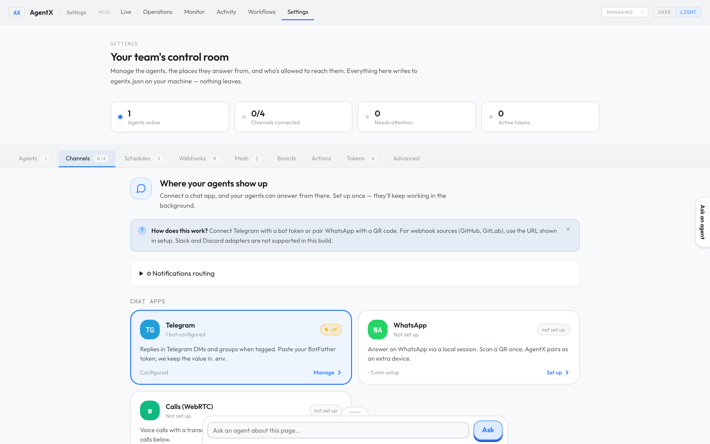 Settings, Channels tab, with the Telegram card
