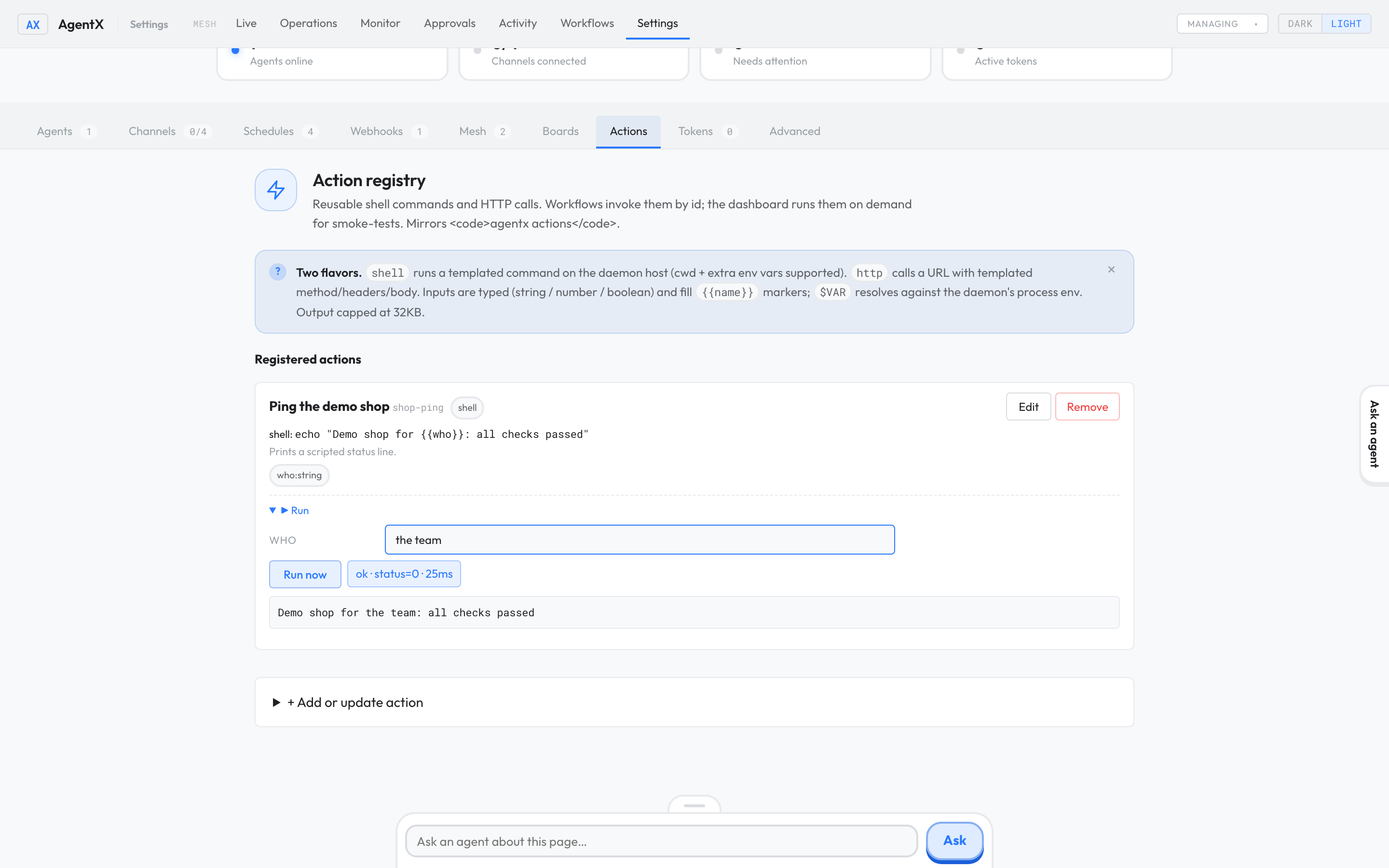 Settings › Actions with one registered shell action and its Run section showing an ok result and the output