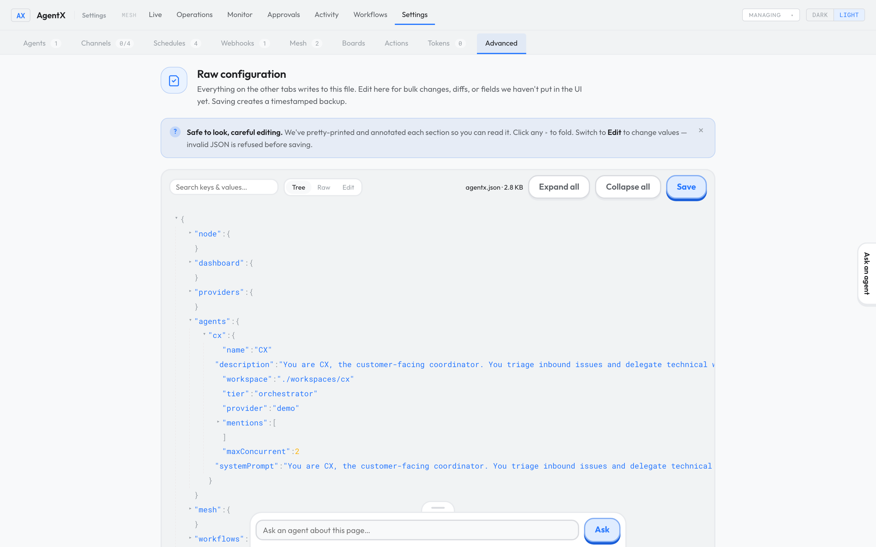 Settings › Advanced in Tree view, with the agents section expanded