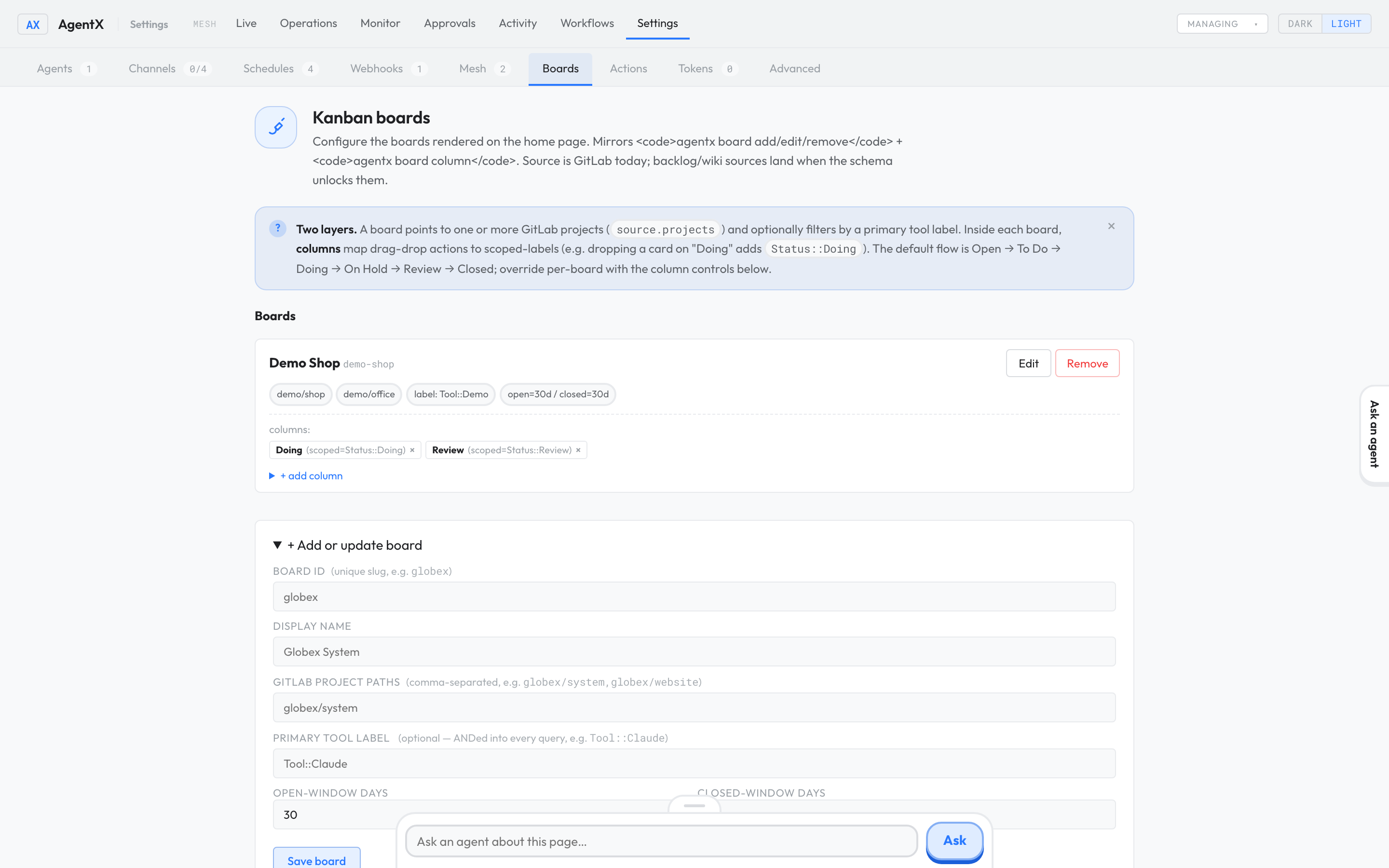 Settings › Boards with one board listed (projects, label, day windows and two columns) and the Add or update board form open