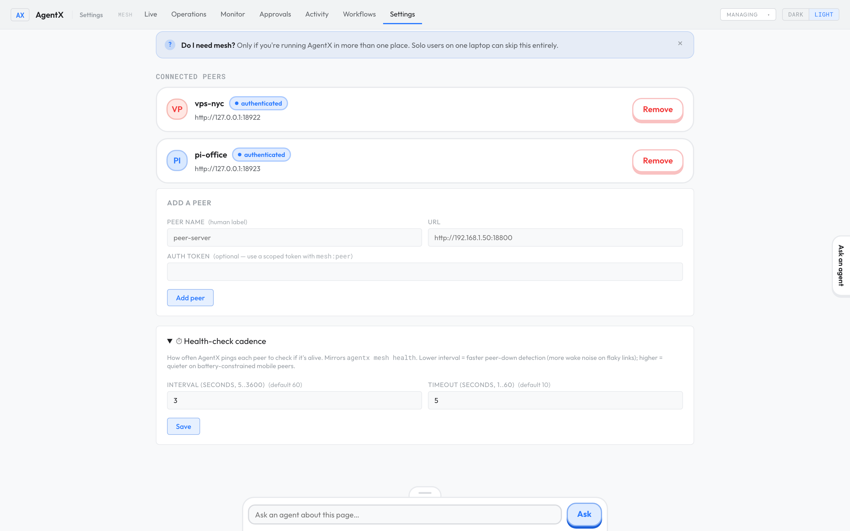 The opened Health-check cadence section on the Mesh tab, with Interval and Timeout