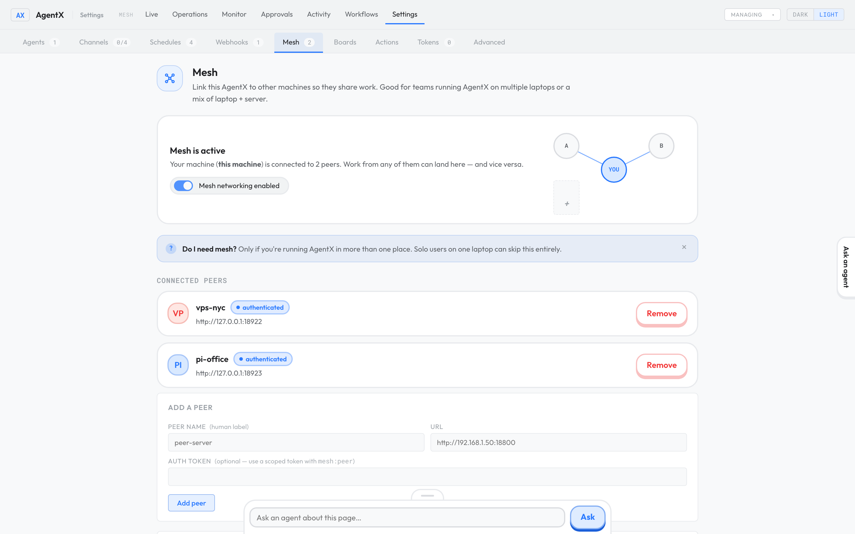 Settings › Mesh with the mesh on, two authenticated peers and the Add a peer form