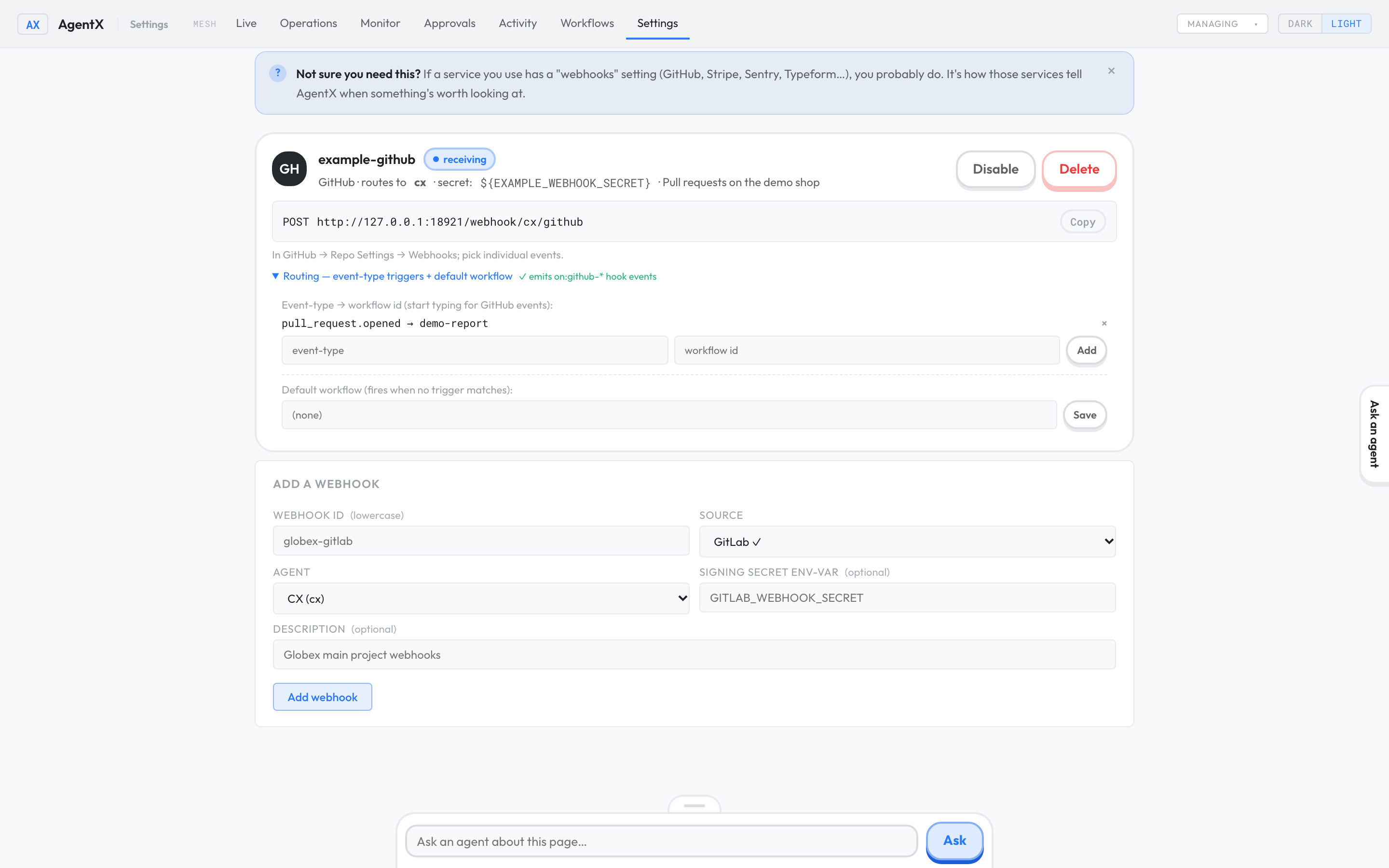 The opened Routing section of a webhook card, with one event type sent to a workflow
