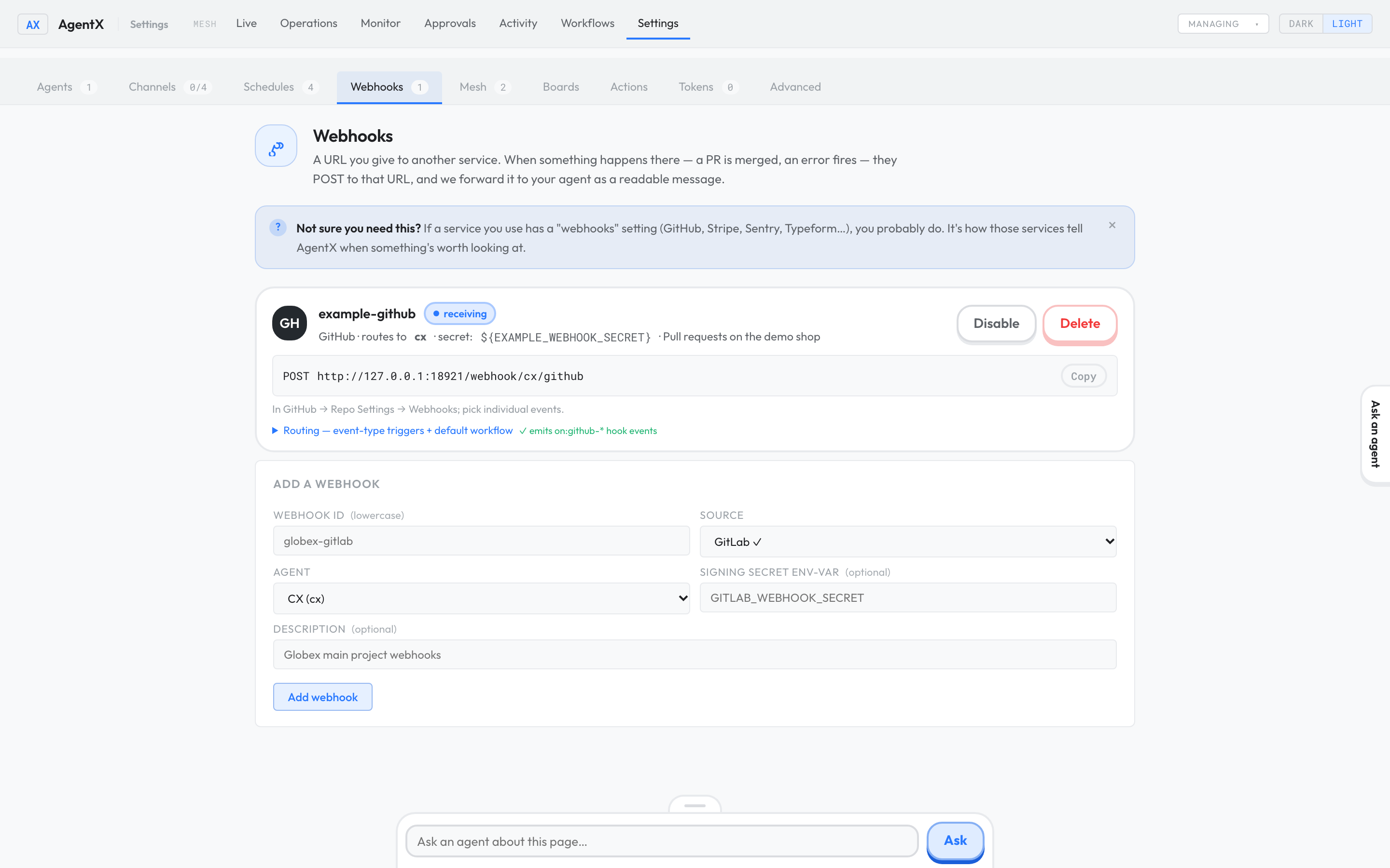 Settings › Webhooks with one receiving webhook card and the Add a webhook form