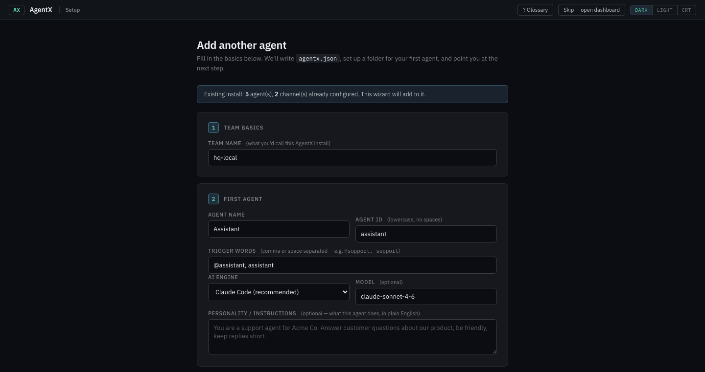 AgentX setup wizard opens automatically after install