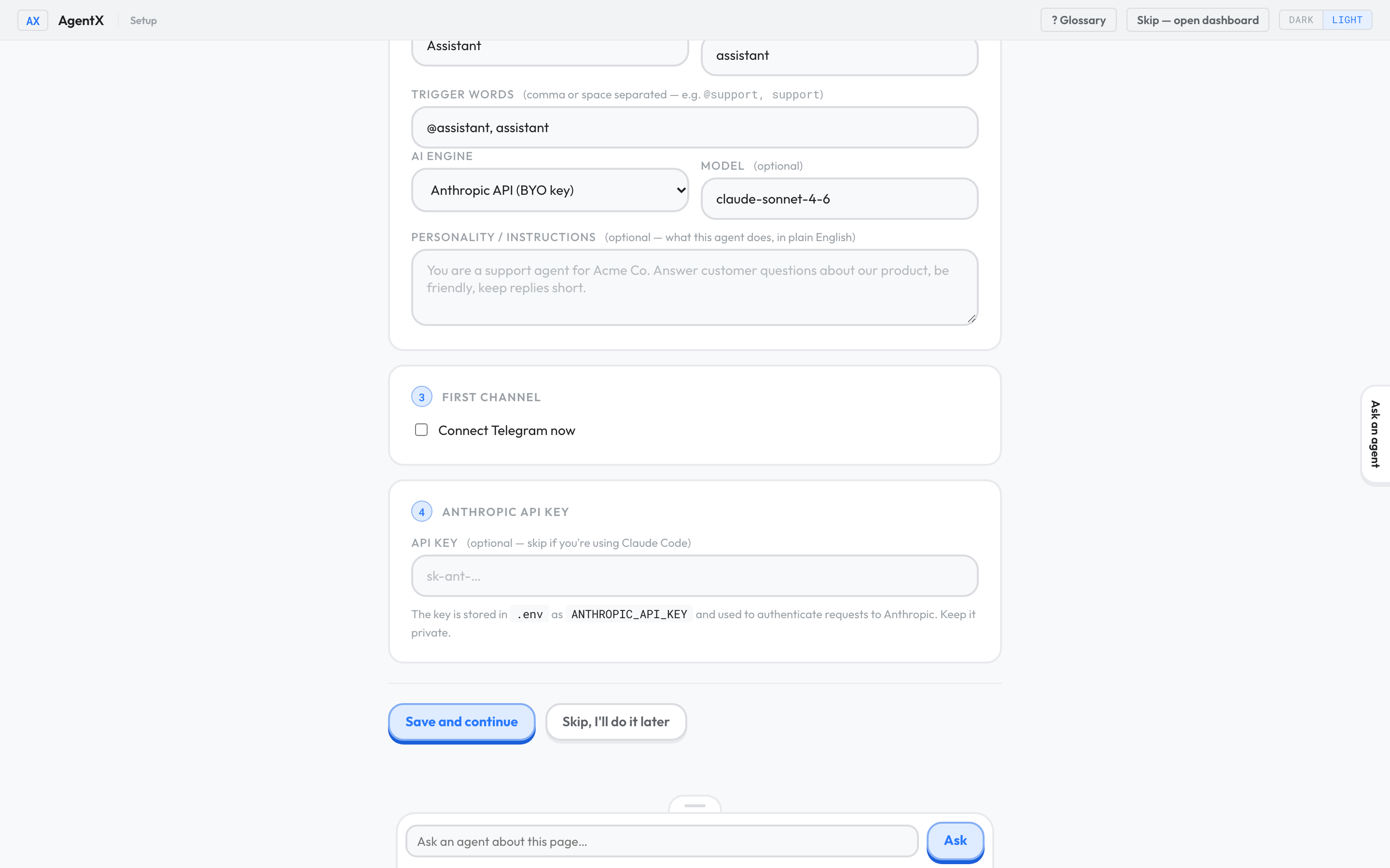 The setup page with Anthropic API (BYO key) chosen as the AI engine and the Anthropic API key field below