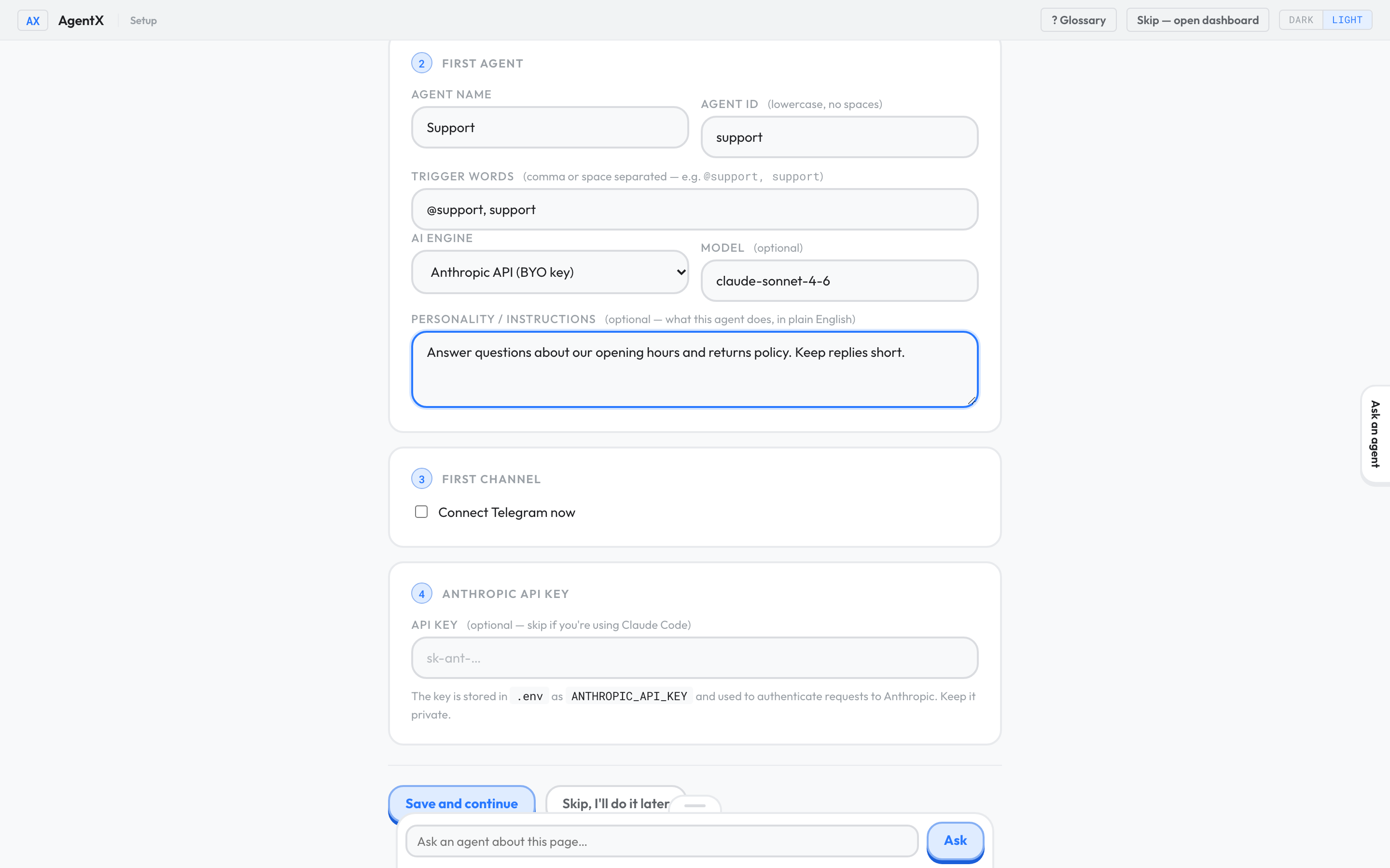 The setup page filled in for a Support agent that uses the Anthropic API engine