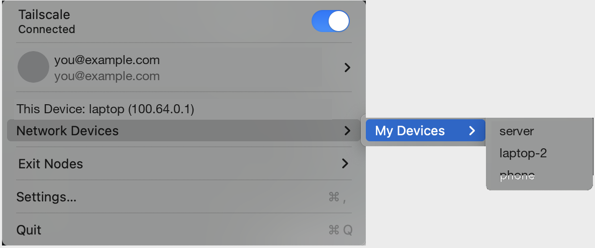 The Tailscale menu on a Mac, connected, with the other machines under Network Devices › My Devices